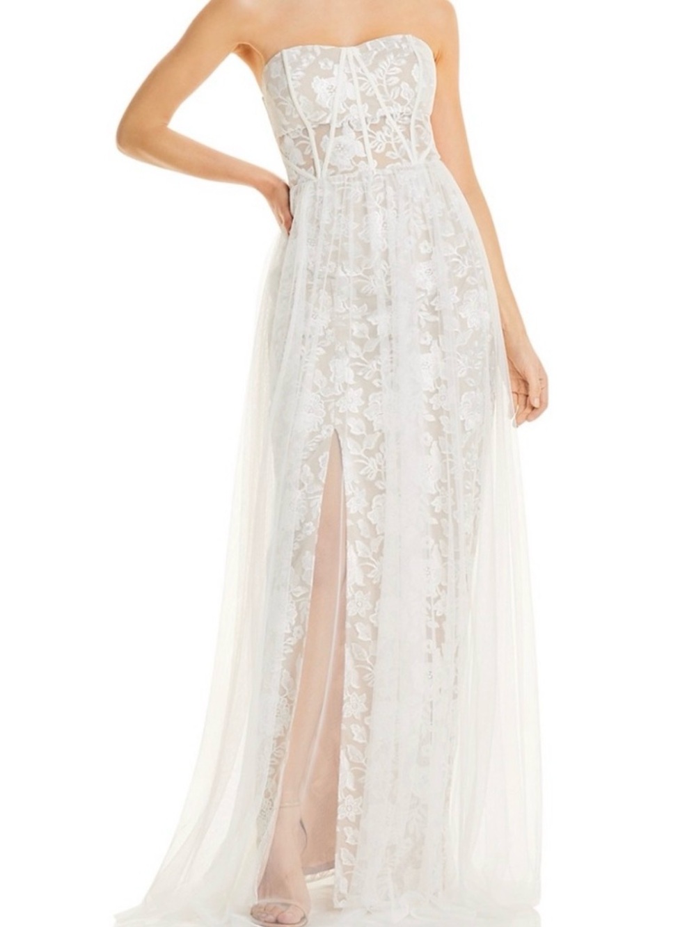 Aidan Mattox Lace Overlay Sheer Strapless Evening Formal Gown